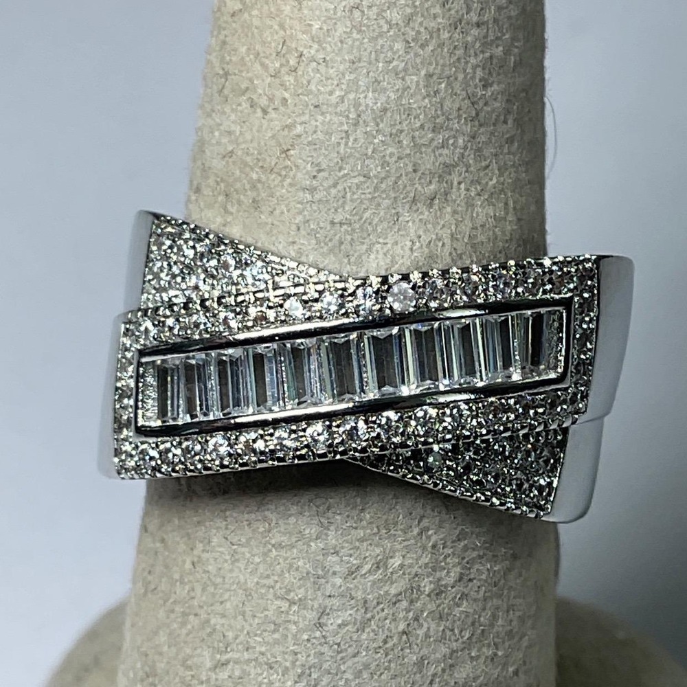Ring Silver Tone Cubic Zirconia Baguette Crossover Statement Style New 7 - Picture 6 of 6